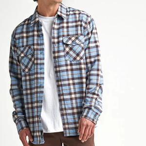 Chemise décontractée à manches longues en flanelle à carreaux bleus et marrons pour homme, col rabattu, manches complètes, pour l'automne, en coton anti-plis - Product Image 1