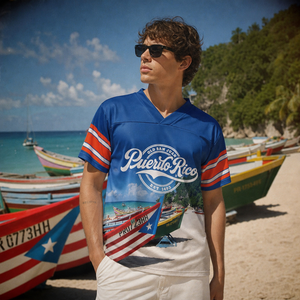 Camiseta Deportiva Sublimada Personalizada Estilo Puerto Rico, Camiseta de Fútbol con Estampado Tropical y Malla - Product Image 1