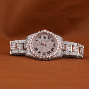 Cadran couleur or rose Montre moissanite entièrement glacée Montre luxueuse en acier inoxydable Cadran vintage Poignet hip hop Personnalisé Hand Mad - Product Image 1