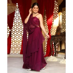 Maroon Georgette Flared Saree with Sequin <b>Blouse</b> for Elegant With Lightweight Party <b>And</b> Wedding Wear for women'<b>s</b> - Product Image 3