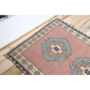 Tapis vintage en laine avec accents bleus turcs, patchwork, 3,5x6,2 pi (107x188 cm), avec envers en latex - Product Image 5