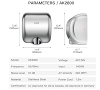 Sèche-linge commercial professionnel à montage en surface AK2800 avec moteur de 1400 W et finition polie, homologué CUL pour les applications intensives