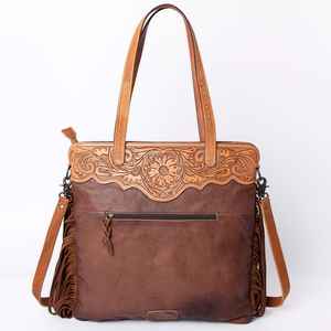 Western Bohemian Real <b>Leather</b> Tote Bag with Zipper Closure Hand Tooled Floral Design Women's Luxury Travel Bag - Product Image 3