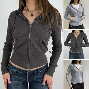 Primavera otoño mujer Color sólido sudadera Abrigo con capucha cordón manga larga bolsillos cremallera tapeta prendas de vestir exteriores Femme - Product Image 3