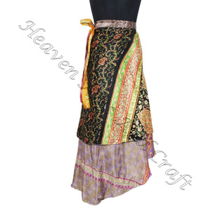 Nouveau ethnique Double couche réversible Sarong Sari magique jupe portefeuille femmes porter Vintage soie Sari longue longueur enveloppante jupe magique - Product Image 6