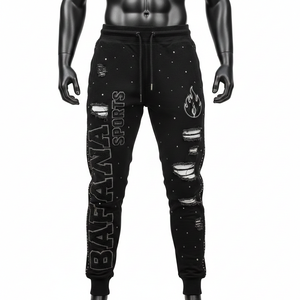 Pantalones Jogger MePremium para Hombre, 320 GSM, Felpa de Algodón, con Paneles Desgastados, Detalles de Pedrería, Bordado de Llamas, Lavados - Product Image 1