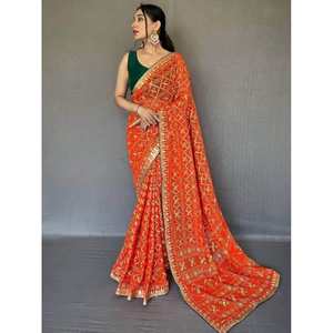 Classic Orange Georgette Saree with <b>Blouse</b> Festival Wear Evening Dresses - Product Image 3