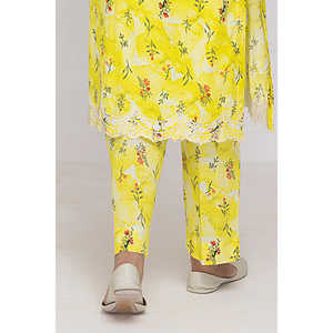 Mono casual de algodón amarillo estampado para mujer con encaje, transpirable, de cintura media, estilo cargo, con técnica arrugada - Product Image 3