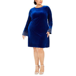 Abito da donna Calvin Klein taglie forti in velluto blu 18W con perline e maniche a campana, vita naturale, taglie XL-4XL, silhouette ampia, fiocco per ballo di fine anno - Product Image 1