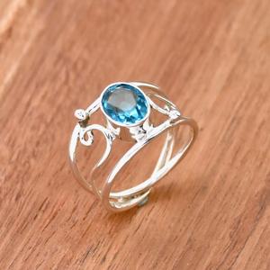 Bague Topaze Bleue En Argent Sterling 925 Ovale Coupe Pierre Double Bande Designer Pierre De Naissance Bague De Mariage Cadeau pour les Femmes - Product Image 1