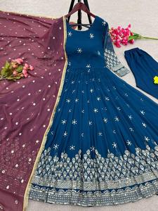 Telas de Bata *: Georgette de imitación con Secuencia de bordado pesado, trabajo con manga completa y estilo de 3 metros listo para usar - Product Image 5