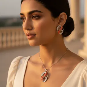 Ensemble collier et boucles d'oreilles pour femme en argent 925, saphir, corail, zircon, géométrique, classique, tendance, or rhodié, bijoux de luxe pour mariage et soirée - Product Image 1