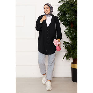 Camisa Kimono Informal Vintage para Mujer, Cuello con Volantes, Botones al Frente, Tejido de Punto y Chifón, Talla Única XL para Oficina, Color Negro - Product Image 1