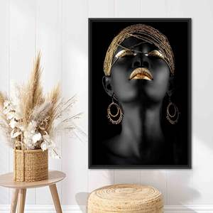 Impression sur toile de femme africaine élégante - Art des lèvres dorées, œuvre d'art ethnique abstraite, encadrée en noir - Product Image 1