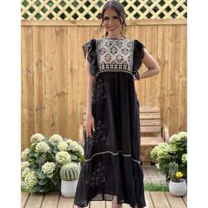 Womens White Embroidered Cotton Maxi <b>Dress</b> Mexican Ethnic Boho Flutter Sleeve Summer <b>Dress</b> For Wholesale - Product Image 2