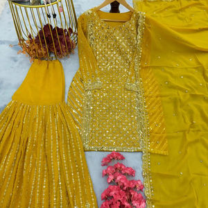 Lanzamiento de nuevo diseñador Party Wear Look Top Pant y Dupatta Set Heavy Faux Georgette con vestido de trabajo de secuencia de bordado pesado - Product Image 1