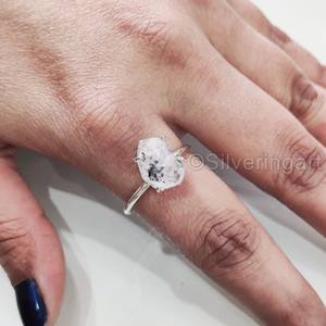 Bijoux en pierre brute bague pour femme diamant Herkimer brut naturel pierre précieuse pierre de naissance bande croisée noël 925 bague en argent Sterling - Product Image 5