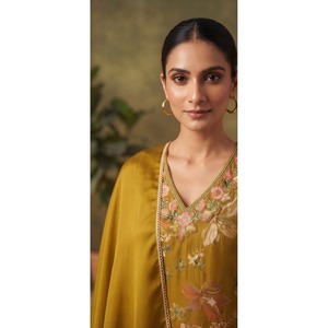 Conjunto de Kurta de Satén de Seda 100% Verde Estampado para Mujer con Dupatta y Manga Larga -WSKP206 - Product Image 2