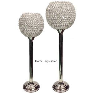 Set of 2 Best Quality Heavy Duty Metal Long Silver Finishing Stand With <b>Crystal</b> Beaded Round Shape <b>Candle</b> Holder and Votive - Product Image 1