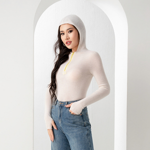 Pull en tricot à capuche pour femme avec fermeture éclair, manches longues, couleur unie, vêtements d'automne, 100% cachemire, tricot à manches longues - Product Image 3