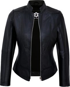 Chaquetas de cuero para mujer-Abrigo de cuero de motocicleta con estilo de piel de cordero real para mujer - Product Image 1