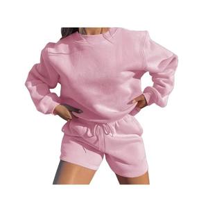 Conjunto de Dos Piezas de Sudadera y Pantalones Cortos por Encima de la Rodilla de Felpa Sólida para Mujer, Estilo Casual, Ajuste Regular, Atuendo Elegante - Product Image 3
