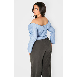 Camisa ajustada a rayas Bardot azul de alta calidad elegancia personalizada manga larga Casual/Party Back Logo-Tallas grandes verano primavera - Product Image 2