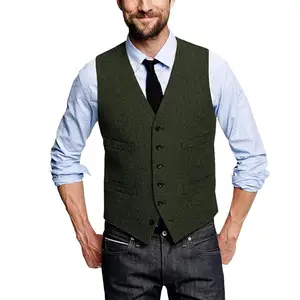 Men's Khaki Tweed Vest Wool Blend Slim Fit Suit Waistcoat For Men Custom Wholesale Men's Grey Waistcoat