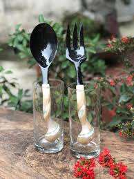 Estilo coreano indio hecho a mano cuerno búfalo cuchara tenedor conjunto cubiertos comedor cuchillo tenedor cuchara mango de madera juego de cubiertos para eventos - Product Image 2