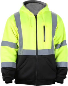 Veste de sécurité réfléchissante haute visibilité ANSI Classe 3 en gros, sweat à capuche en polaire pour homme, fermeture éclair, vêtements de travail, jaune noir, isolé, EPI, OEM - Product Image 3