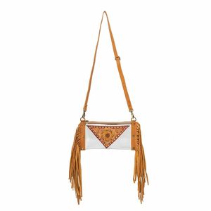 Venta caliente nuevo diseño bohemio azteca occidental cuero genuino calidad premium bolso cruzado hecho a mano con flecos transparentes a la moda - Product Image 1