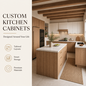 Gabinetes de Cocina Modernos Personalizados con <span class=keywords><strong>Isla</strong></span> |   Solución de Gabinetes de Cocina Estilo Shaker en Roble Cálido y Crema - Product Image 1