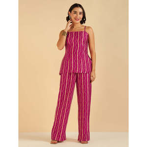 Bohemian Magenta Bandhani Printed Sleeveless Breathable Top & Sharara Fusion Co-Ord <b>Set</b> for Women Spring/Summer - Product Image 6