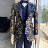Costume brodé à bordure croisée imprimé or mariage 3 pièces noir simple et double boutonnage pour hommes col Mandarin smoking costumes de bal