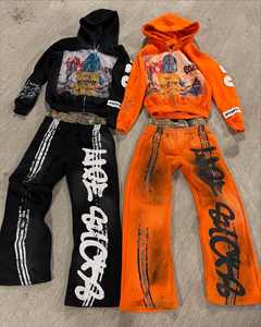 Conjunto de sudadera y pantalones de chándal con cremallera desgastados de algodón con gráfico de ropa de calle personalizada de fabricantes - Product Image 1