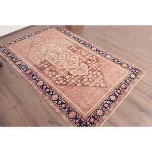 Alfombra Vintage de 4.2x6.7 pies, Alfombra Turca, Alfombra de Retazos Azul y Marrón - Product Image 3