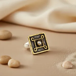 Geometric Square Elegant <b>Plain</b> Band Cocktail <b>Ring</b> Freshwater Pearl Silver Plated 925 Silver Vintage Bezel Setting Women's - Product Image 2