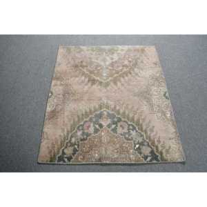 Vintage Small Rug 3.2x3.7 ft, Turkish <b>Brown</b> Check <b>Wool</b> Rug - Product Image 1