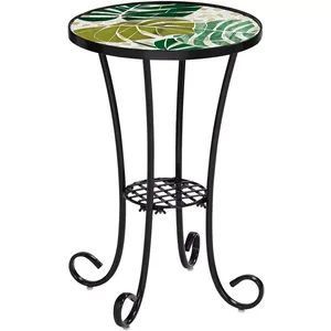 Metal with Mosaic Round Accent Table Green plaid design Top <b>plant</b> stand for Indoor and Outdoor - Product Image 1