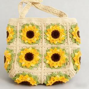 Sac à bandoulière en PU fait main au crochet motif tournesol, fermeture éclair, deux anses, doublure en polyester, broderie tendance Acki - Product Image 1
