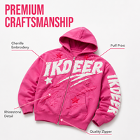 IKDEER Sweat à capuche zippé rose vif avec appliqué en chenille et strass, coupe oversize, style streetwear, marque privée