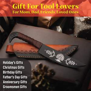 Cuchillo Vikingo de Caza de 9.5 Pulgadas, Hoja de Acero de Damasco, Mango de Cuerno de Toro, Recubrimiento de Polvo Negro, Acero con Alto Contenido de Carbono, Grabados Nórdicos - Product Image 4