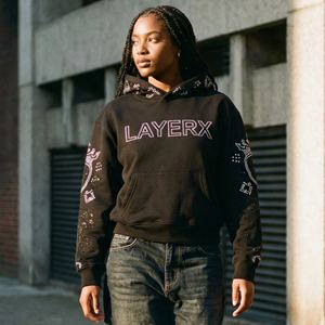 Women Heavyweight <b>Hoodie</b> 500gsm Cotton Fleece Rhinestone Badge Graphic Crop Top Pullover Streetwear Wholesale Custom Bulk OEM - Product Image 2