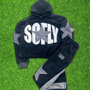เสื้อฮู้ดดี้สตรีทแวร์คุณภาพสูงแบบ OEM สั่งทำพิเศษ ตัดเย็บทรงครอป แต่งลายปักแบบดิสเทรส หนัก 500 กรัม ซักย้อมสีแบบแอซิดวอช ชุดเซ็ตเสื้อฮู้ดดี้และกางเกงวอร์มสำหรับผู้ชาย - Product Image 1