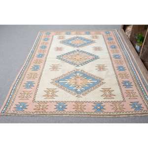 Tapis Turc Vintage Traditionnel Bleu Beige 4.8x6.7ft Fait à la Main en Peluche PP Laine Viscose Patchwork Latex Rectangle Couloir Design - Product Image 1