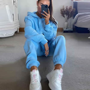 Ensemble de survêtement d'hiver en toile unie pour femme, tenue décontractée, logo personnalisé, 100 % coton, ensemble 2 pièces long, vente directe usine pour la vente en ligne - Product Image 4