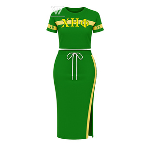 Greek Chi Eta Phi Sorority Clothing Ready To Ship Women's Casual 2 Piece Striped Set: Shirt With <b>Skirt</b> - Product Image 1