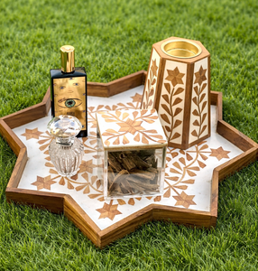 Brûleur d'encens traditionnel artisanal en bois d'acacia arabe avec incrustations, écologique, boîte de rangement pour Bakhoor, usage religieux, toutes saisons - Product Image 5