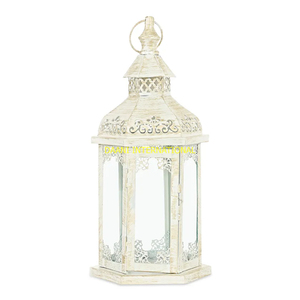 Bougeoir Lanterne Décoratif Blanc Antique avec Verre et Design en Métal Sculpté pour Mariage, Maison, Patio et Décoration de Jardin - Product Image 1