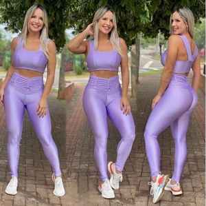 Conjuntos de entrenamiento de gimnasia atlética personalizados para mujer, 3 piezas, ropa deportiva de contorno para Yoga, Fitness, cintura alta, estiramiento Halter sin costuras - Product Image 4